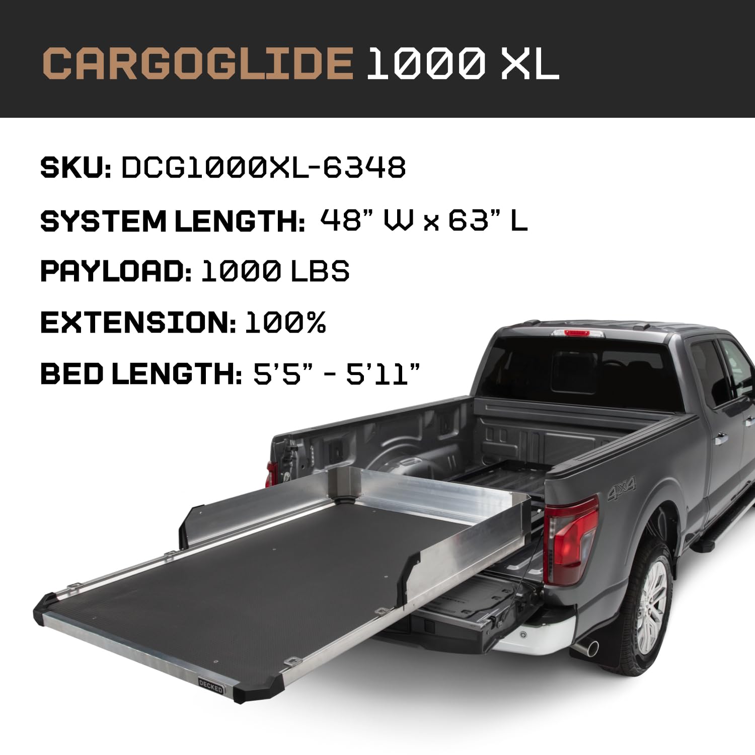 XL CargoGlide Truck Bed Slide – 1000 lb Capacity, 100% Extension – Heavy-Duty Pickup Cargo Slide for Easy Bed Access – Compatible with 1000XL CargoGlide / 100% / 48" W / 63" L for Fullsize - Short