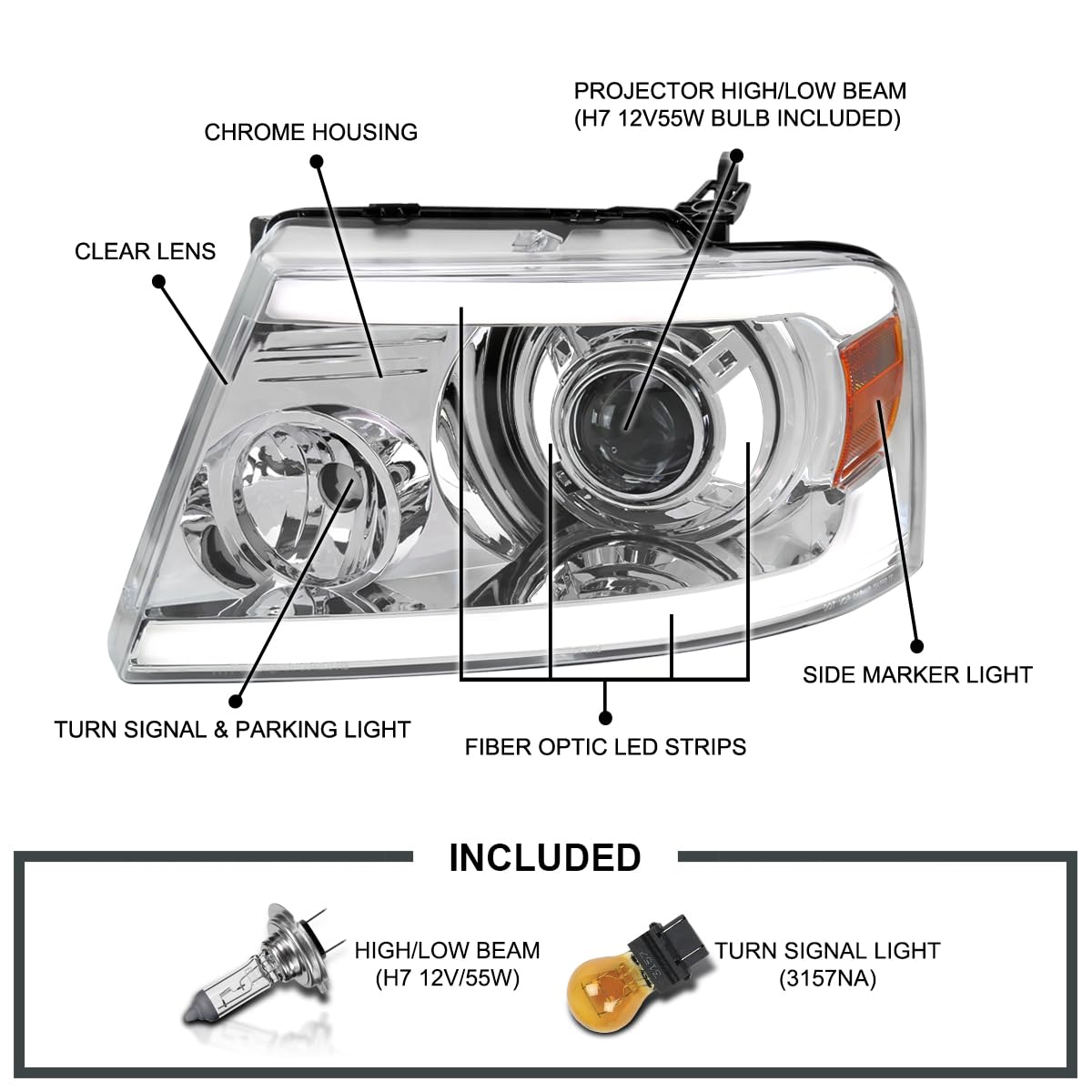 Chrome LED Tube Bar Projector Headlights SPEC-D TUNING Compatible with 2004-2008 Ford F-150, 2006-2008 Lincoln Mark LT, Left + Right Pair Headlamps Assembly
