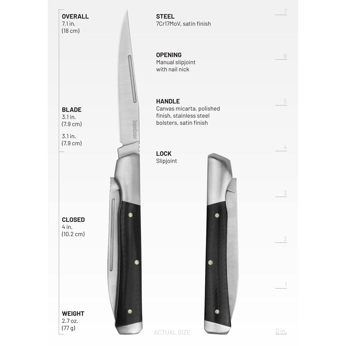 Kershaw Manual Folding Pocket Knife Allegory, Two Bladed Knife with Clip Point and Spear Point Blades, Slipjoint with Micarta Handle, Black