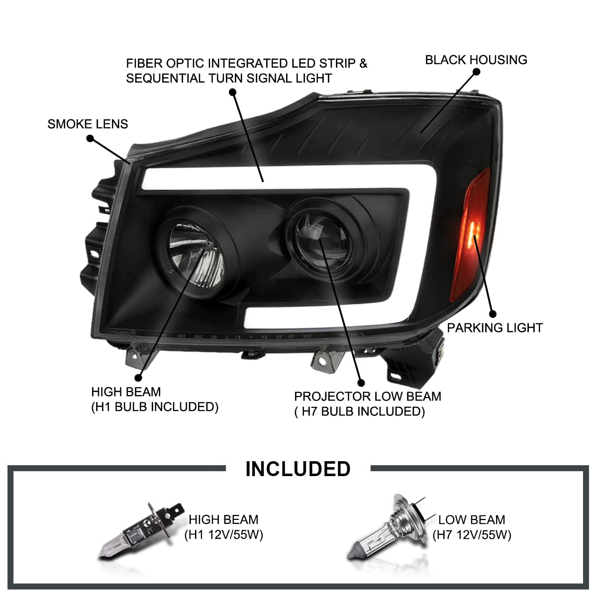 Black Smoke SPEC-D TUNING Projector Headlights w/Sequential LED Turn Signal Compatible with 2004-2015 Nissan Titan, 2004-2007 Nissan Armada, Left + Right Pair Headlamps Assembly