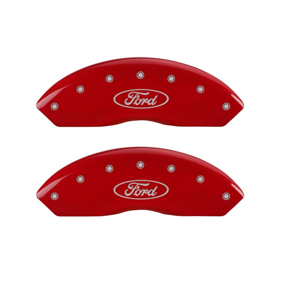 SET OF 4 CALIPER COVERS, OVAL LOGO/FORD, FRONT AND REAR, RED, SILVER CHARACTERS
