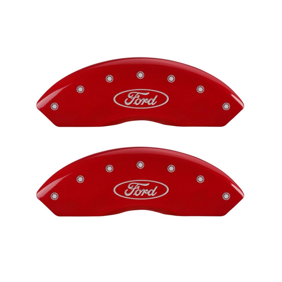 SET OF 4 CALIPER COVERS, OVAL LOGO/FORD, FRONT AND REAR, RED, SILVER CHARACTERS