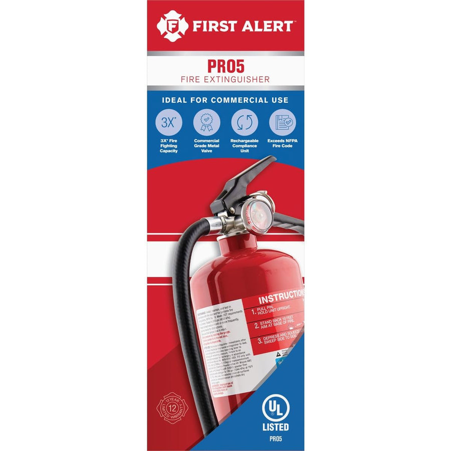 Rechargeable FIRST ALERT PRO5 Heavy Duty Fire Extinguisher, UL RATED 3-A:40-B:C, Red, 1-Pack