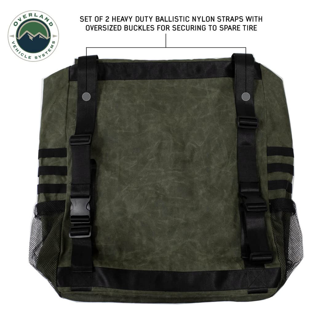Overland Vehicle Systems Tire Mount Extra Large Trash Bag - #16 Waxed Canvas Universal - Infused with Paraffin Wax Waterproofing - Large Drainage Holes - 30 Gallon Trash Bag Capacity