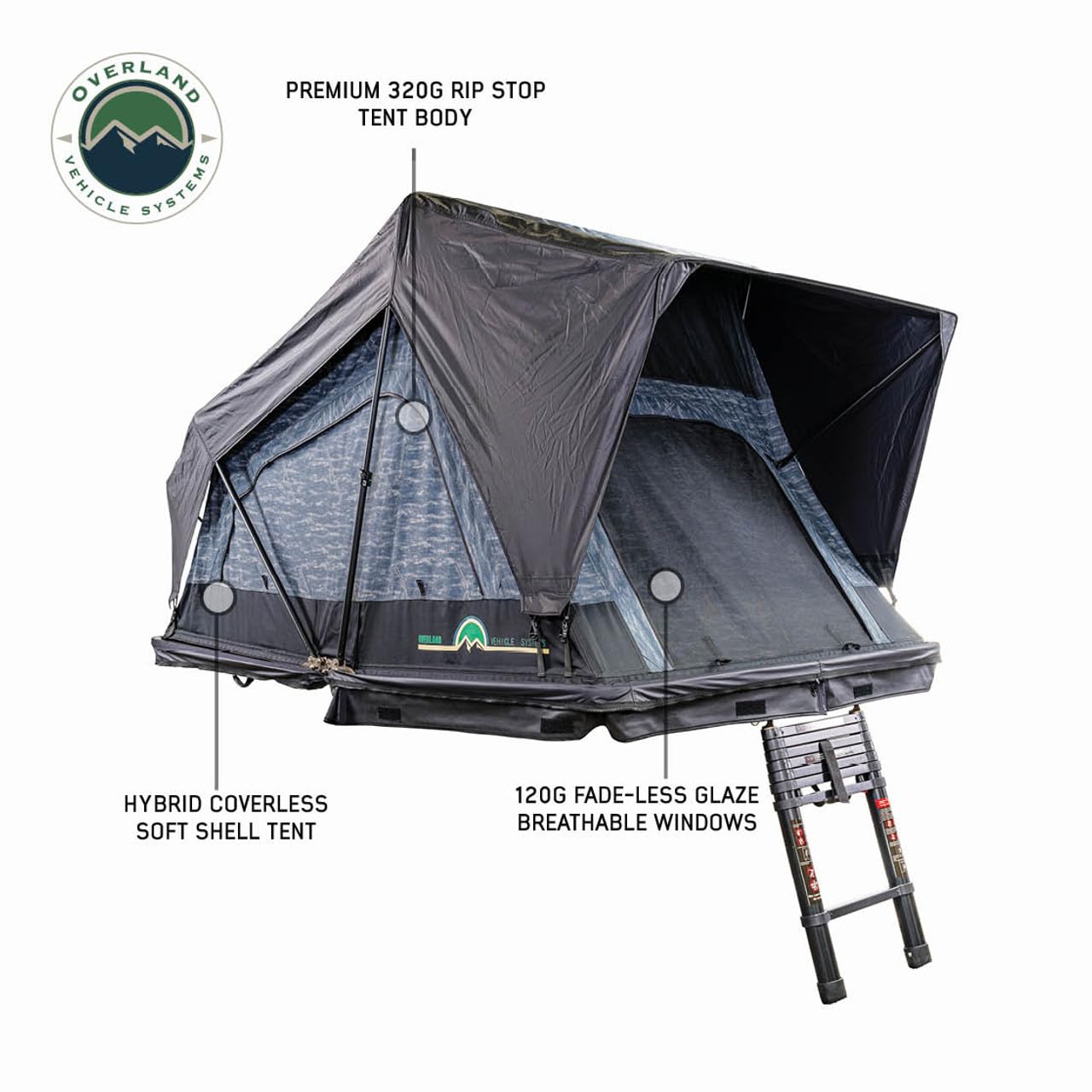 Overland Vehicle Systems XD Sherpa Hybrid Soft Shell Aluminum Hard Shell Roof Top Tent with Blackout Kit - Grey Body & Black Rainfly (XD Sherpa Solo)