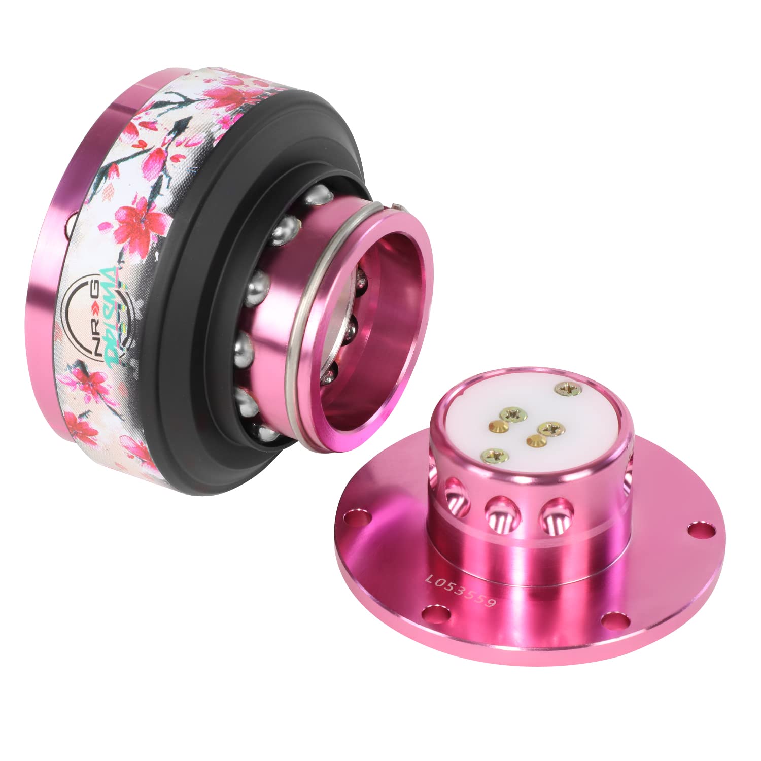 NRG Innovations Steering Wheel Gen 2.0 Quick Release Adapter 6-HOLE with Mounting Bolts, Quick Release - Pink Body/Sakura ring with Prisma Collab, NRG-SRK-200PK-SAKURA