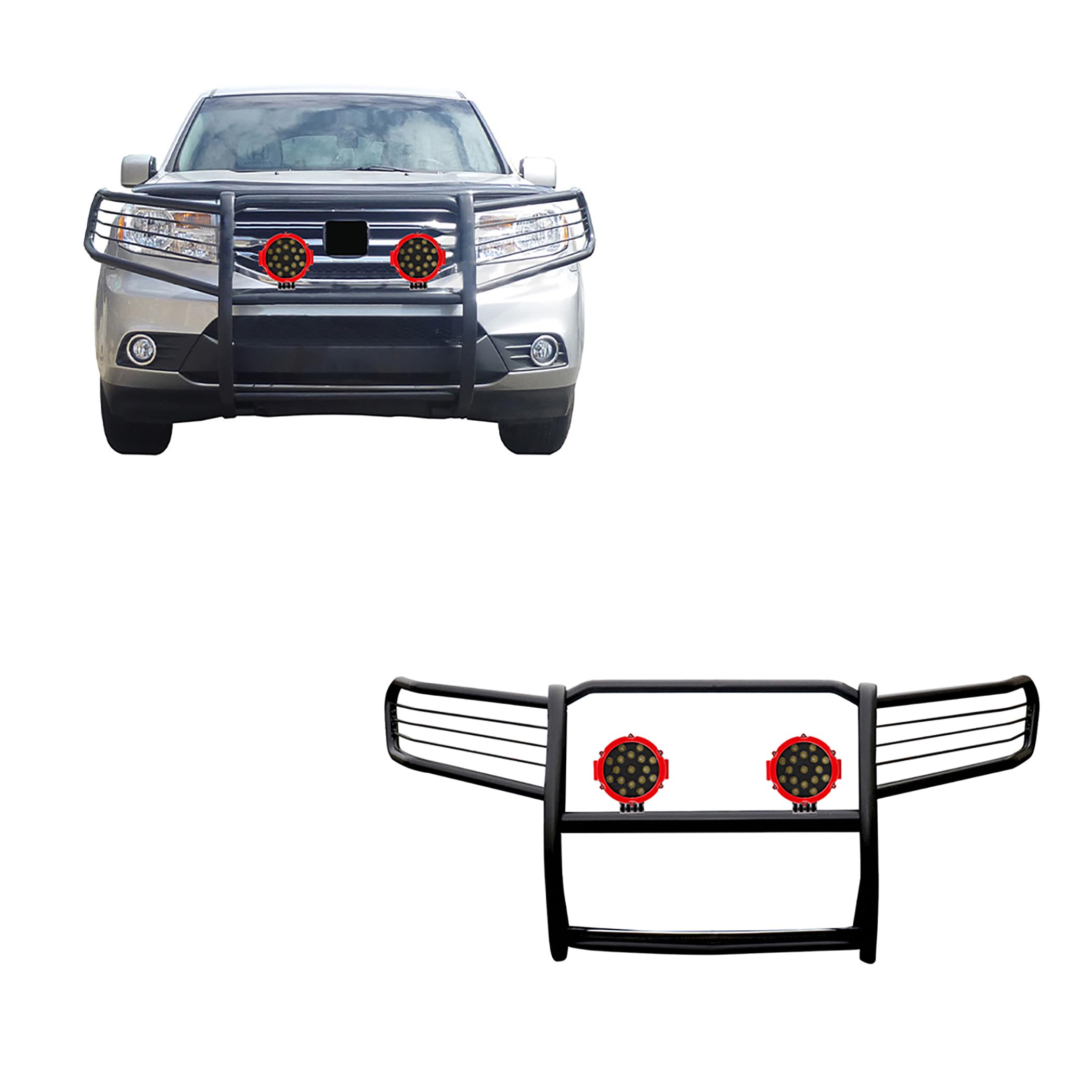 Black Horse Grille Brush Bumper Guard Black Modular Come with Pair of 7.0" Dia.LED Lights with Red Trim Rings Compatible with 2009-2015 Honda Pilot-17H151400MA-PLR