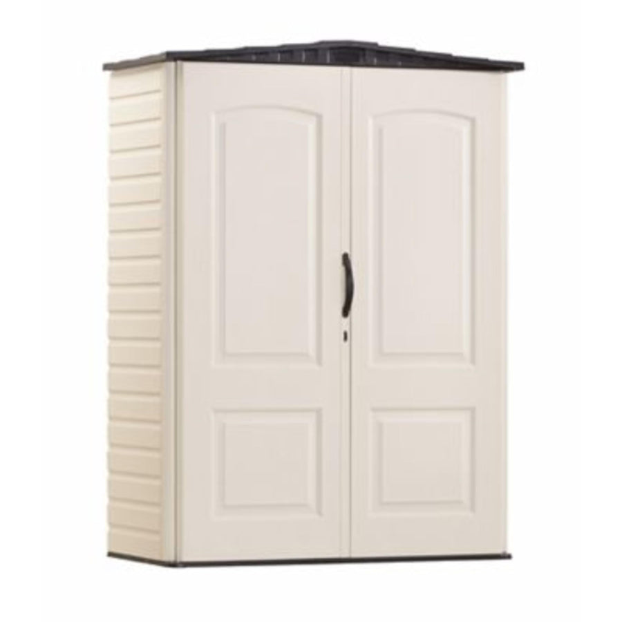 Rubbermaid Vertical Small Resin Outdoor Storage Shed With Floor (2.3 x 4.6 Ft), Weather Resistant, Beige/Brown, Organization for Home/Backyard/Pool Chemicals/Toys/Garden Tools/Porch/Patio Cushions