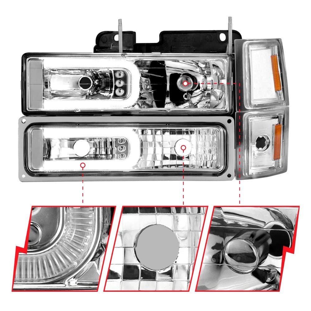 88-98 Chevrolet C1500 ANZO Crystal Headlights w/Light Bar Chrome Housing w/Signal Side Markers 8Pcs