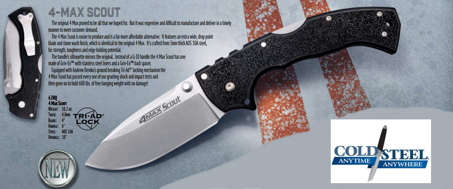 4-Max Cold Steel Scout Folding Knife with Tri-Ad Lock and G-10 Handle, One Size, Black