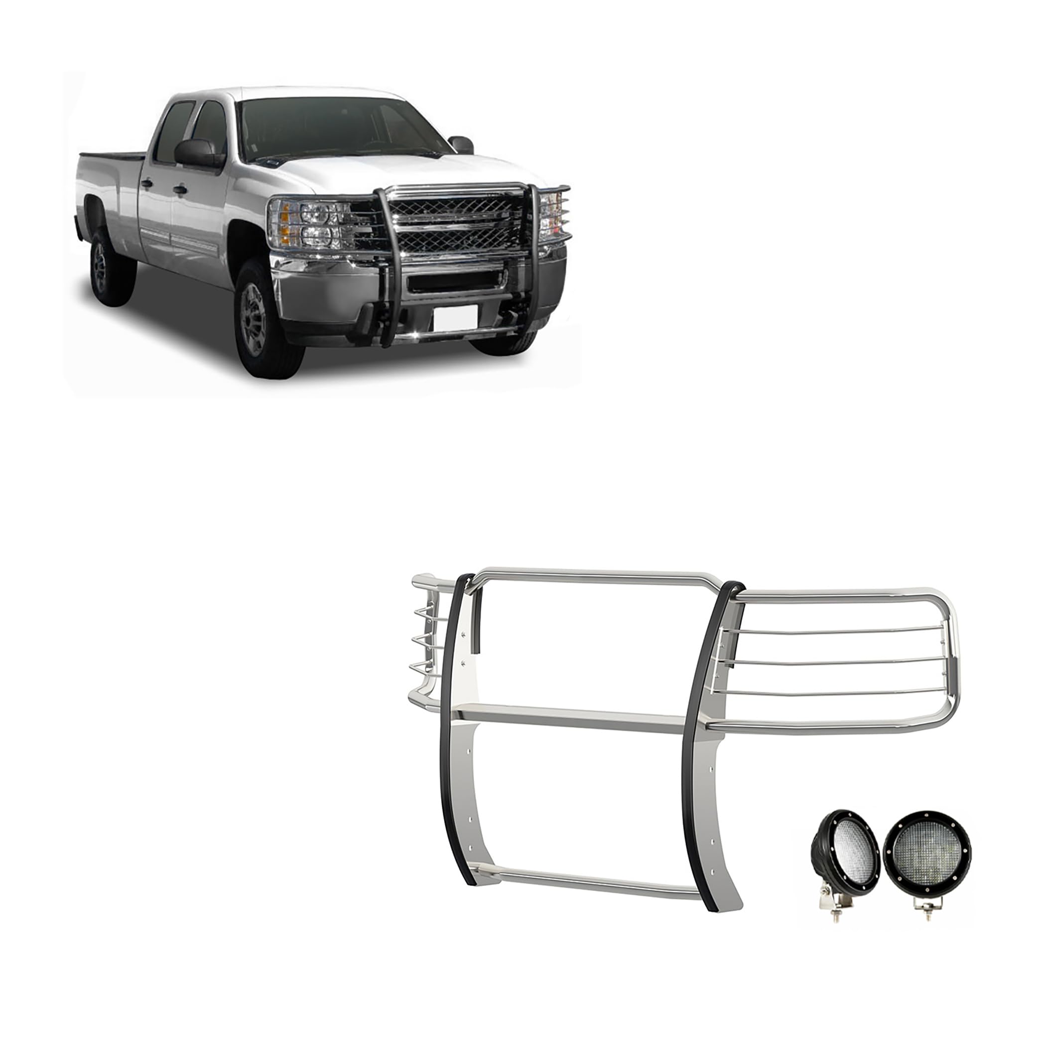 Bumper Guard Modular Black Horse Grille brush Stainless Steel Come with Pair of 5.3" Dia.LED Lights with Black Trim Rings Compatible with 2014-2018 Chevrolet Silverado 1500-17GT27MSS-PLFB