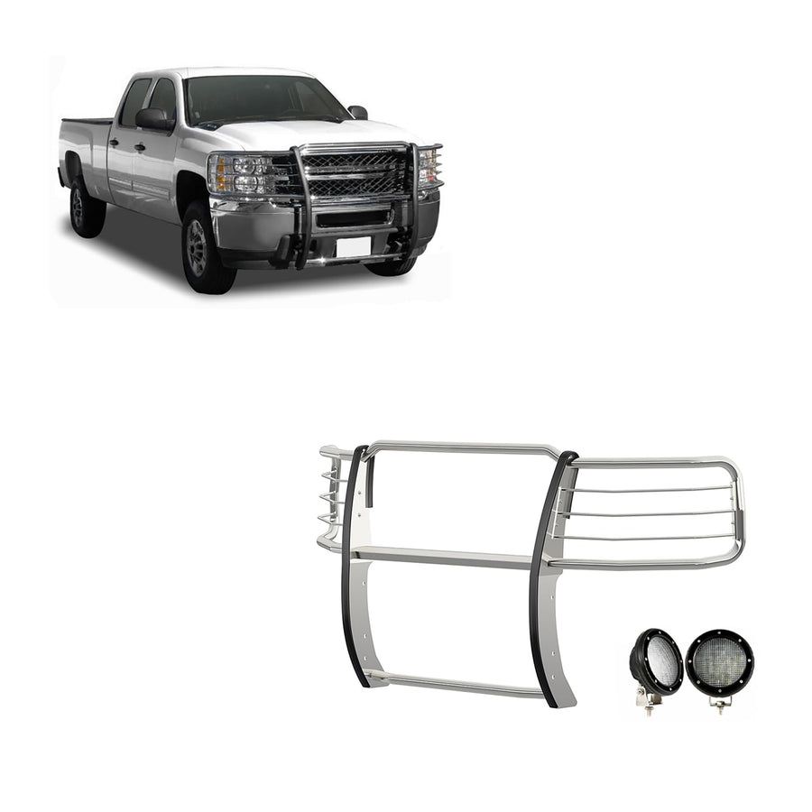 Bumper Guard Modular Black Horse Grille brush Stainless Steel Come with Pair of 5.3" Dia.LED Lights with Black Trim Rings Compatible with 2014-2018 Chevrolet Silverado 1500-17GT27MSS-PLFB