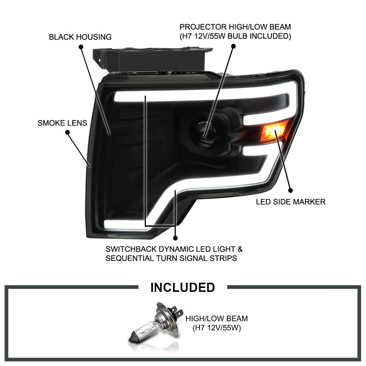 Black Smoke SPEC-D TUNING Projector Headlights w/Switchback Sequential LED Signal Tube and Startup Animation Compatible with 2009-2014 Ford F150 F-150, Left + Right Pair Headlamps Assembly