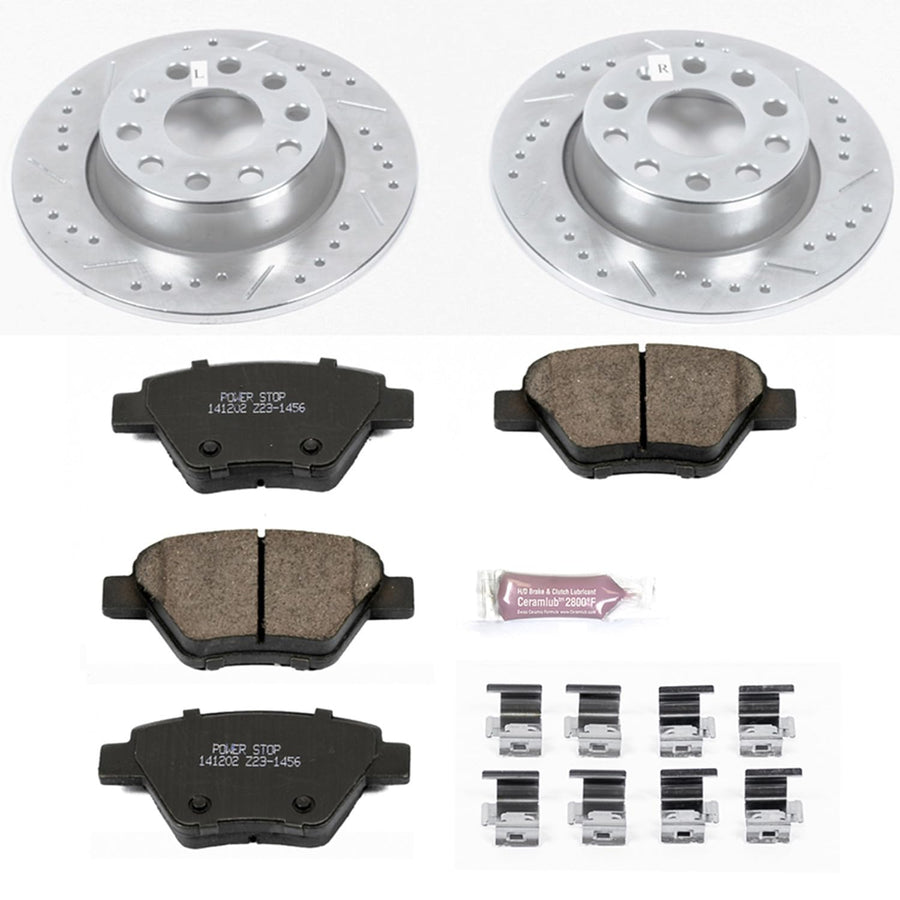 Power Stop K5667 Z23 Rear Carbon Fiber Brake Pads with Drilled & Slotted Brake Rotors Kit For Audi A3, Audi A3 Quattro, VW Beetle, VW Eos, VW GTI, VW Golf, VW Jetta, VW Passat [Model Specific]