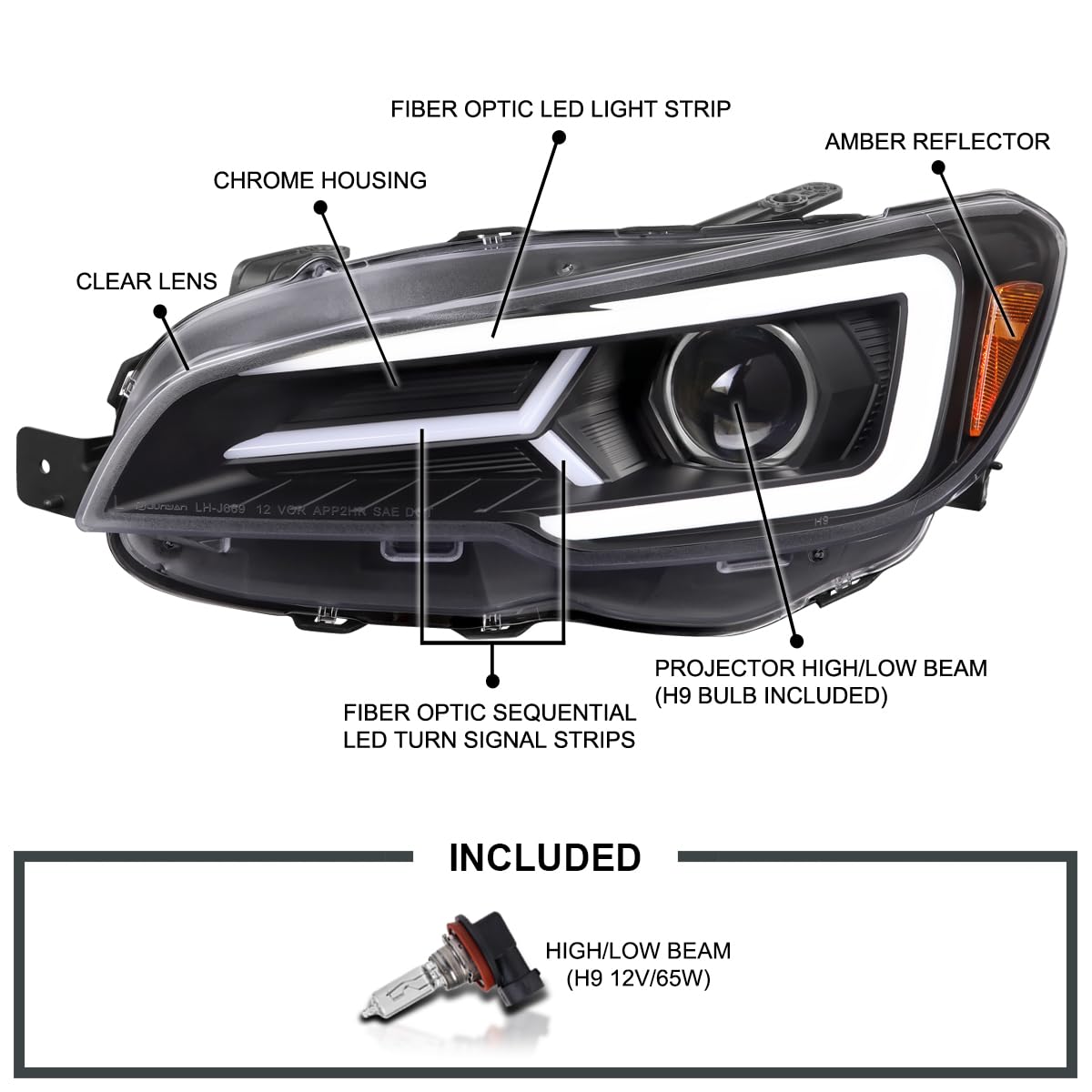 Black SPEC-D TUNING Projector Headlights w/Sequential LED Turn Signal Compatible with 2015-2021 Subaru WRX STI with Halogen Headlights, L + R Pair Headlamp Assembly