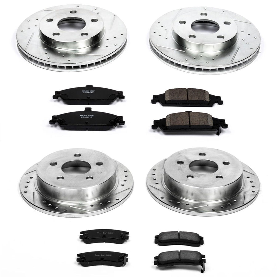 Power Stop K1552 Z23 Carbon Fiber Brake Pads Front and Rear with Drilled & Slotted Brake Rotors Kit For Oldsmobile Alero 1999-2004, Pontiac Grand Am 1999-2005 [Model Specific]