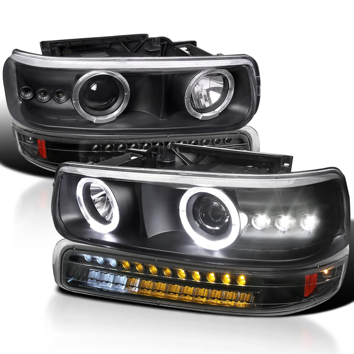 Black LED Halo Projector Headlights + LED Bumper Lights SPEC-D TUNING Compatible with 1999-2002 Chevy Silverado 1500 2500 3500, Left + Right Pair Headlamps Assembly
