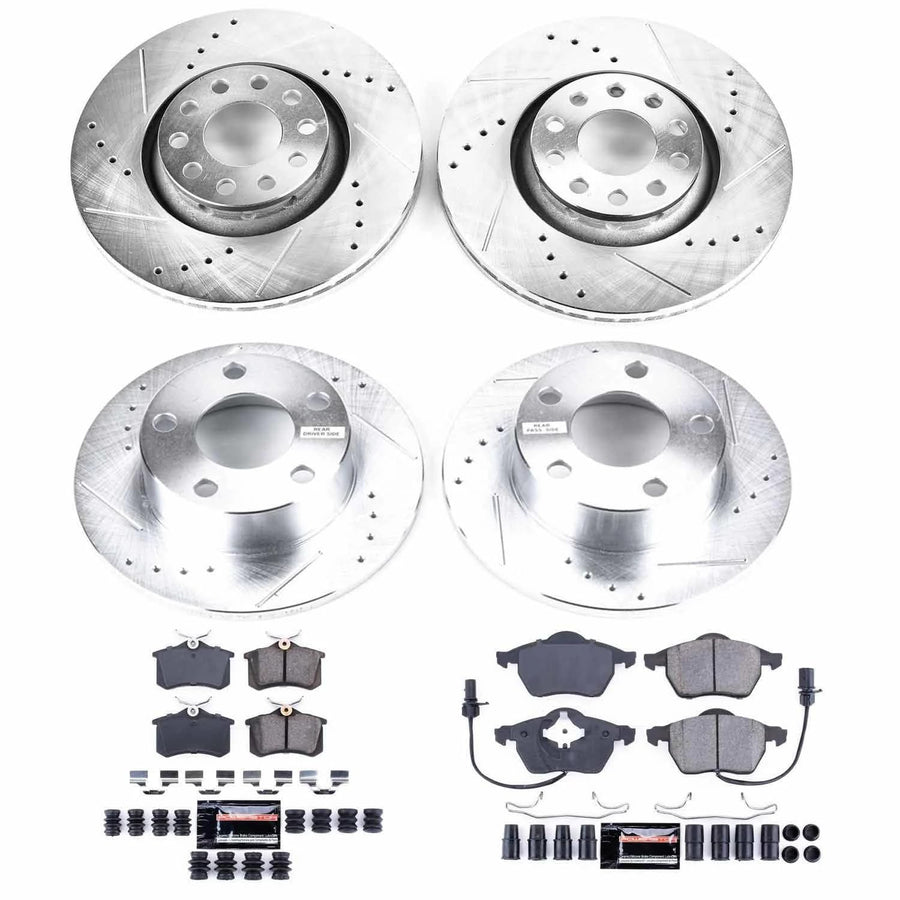 Power Stop K6918 Z23 Carbon Fiber Brake Pads Front and Rear with Drilled & Slotted Brake Rotors Kit For Audi A6 Quattro 1998-2001 [Model Specific]