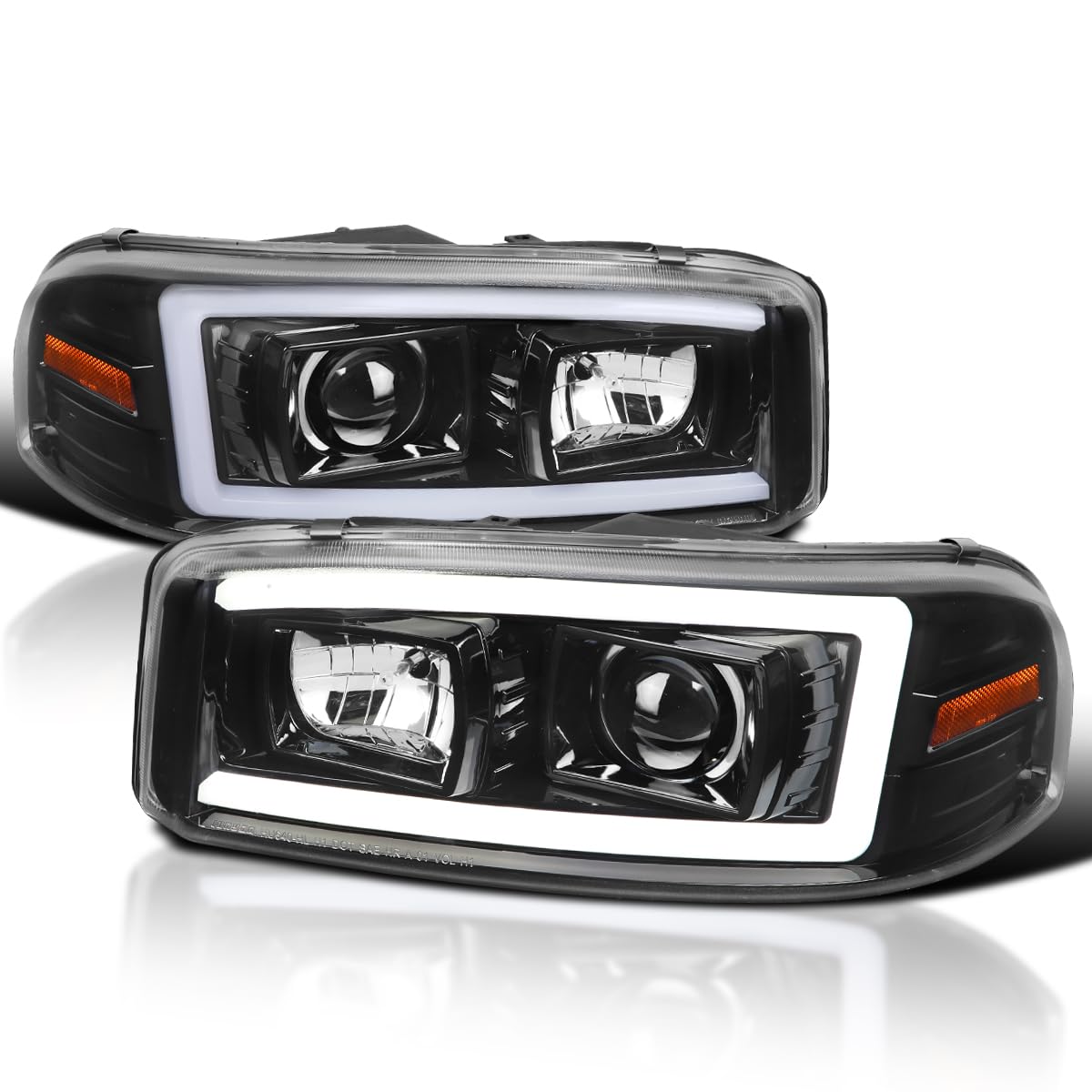 Jet Black LED Light Tube Projector Headlight SPEC-D TUNING Compatible with 1999-2006 GMC Sierra Yukon XL 1500/2500/3500, Left + Right Pair Headlamps Assembly