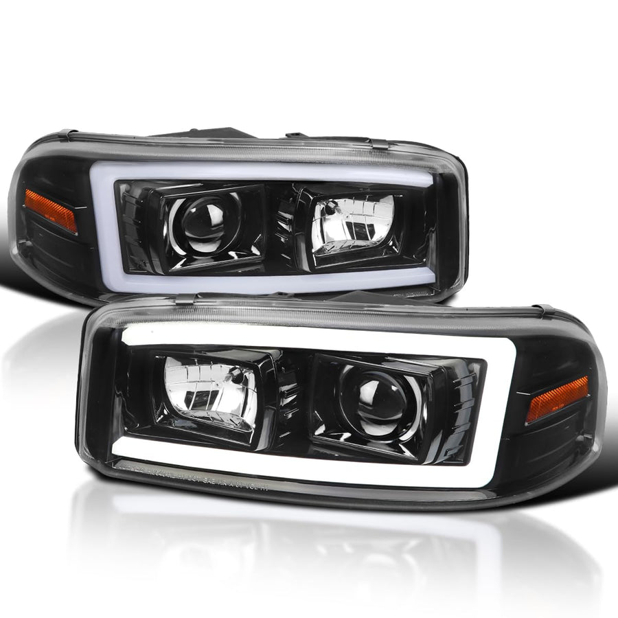 Jet Black LED Light Tube Projector Headlight SPEC-D TUNING Compatible with 1999-2006 GMC Sierra Yukon XL 1500/2500/3500, Left + Right Pair Headlamps Assembly