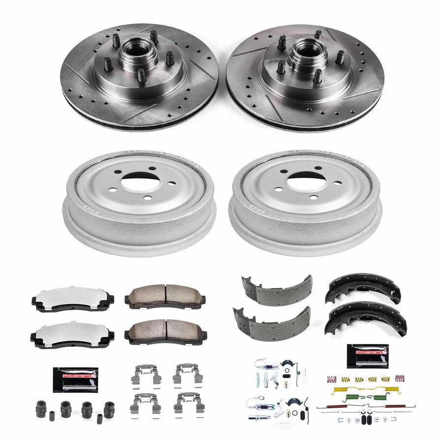 Power Stop Brake Kit Front and Rear For 2003 2004 2005 2006 2007 2008 2009 Ford Ranger - Truck & Tow Carbon Fiber Ceramic Pads, Drums, & Drilled and Slotted Rotors Replacement, K15009DK-36