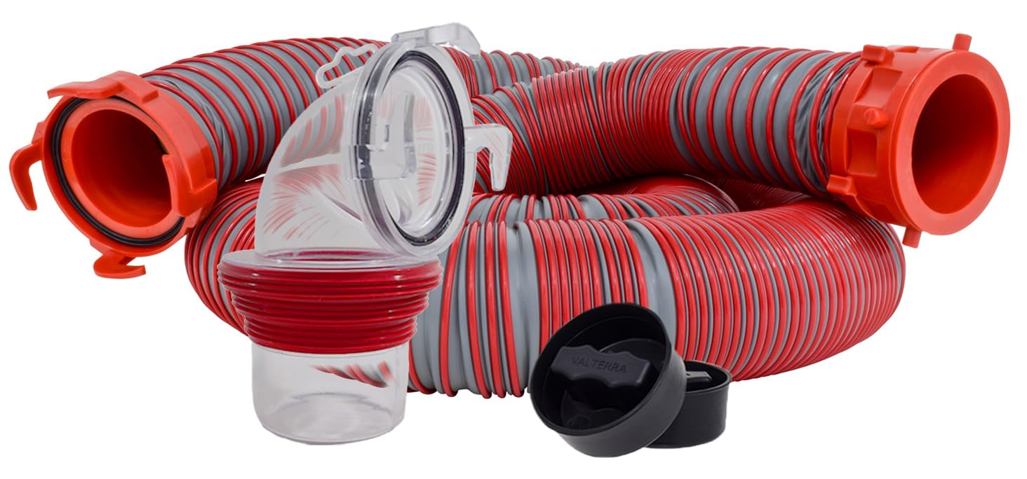 15-Foot Valterra Viper RV Sewer Hose Kit, Universal Sewer Hose for Camper RV, Includes Hose with Rotating Fittings, 90 Degree ClearView Sewer Adapter and 2 Drip Caps