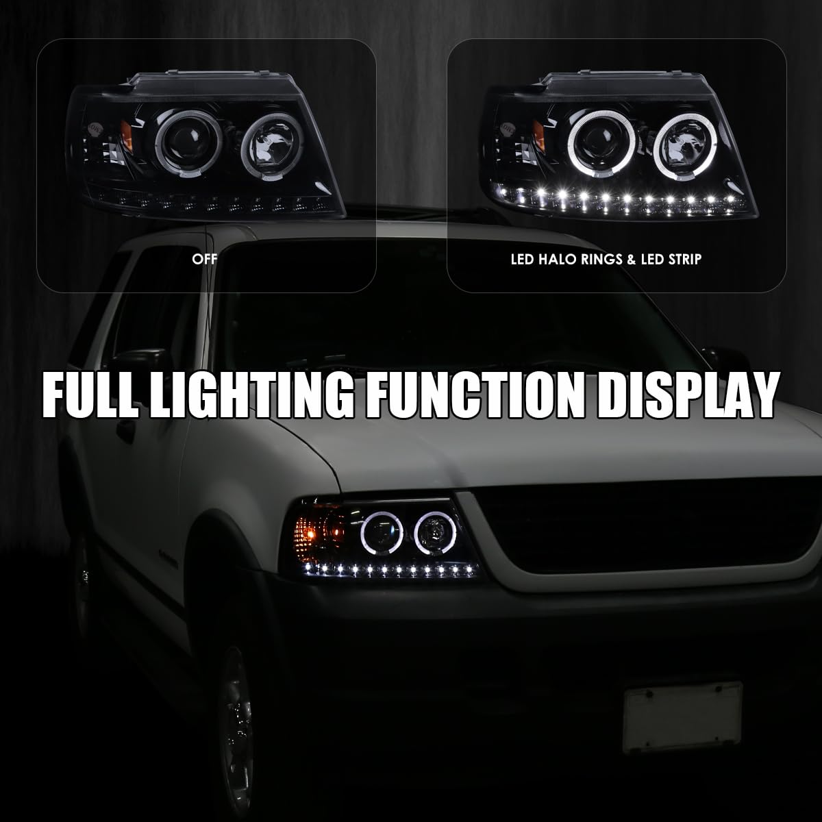 LED Halo Projector Headlights SPEC-D TUNING Glossy Black Compatible with 2002-2005 Ford Explorer, Left + Right Pair Headlamps Assembly