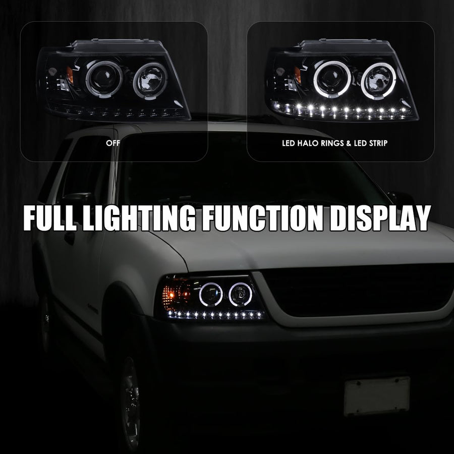 LED Halo Projector Headlights SPEC-D TUNING Glossy Black Compatible with 2002-2005 Ford Explorer, Left + Right Pair Headlamps Assembly