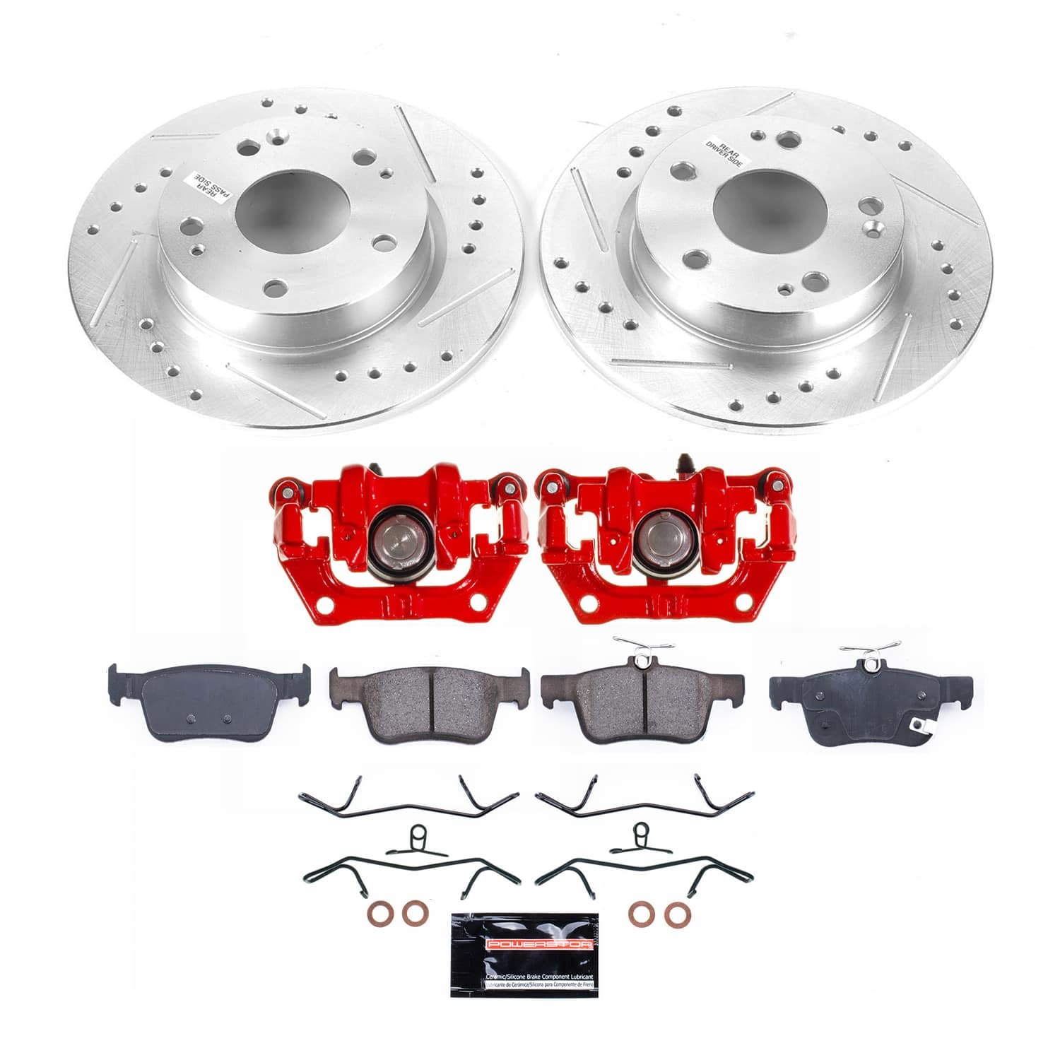 Rear Z23 Brake Pads and Rotors Brake Kit POWERSTOP with Red Powder Coated Calipers For Honda Civic 2016-2021 [Vehicle Specific]