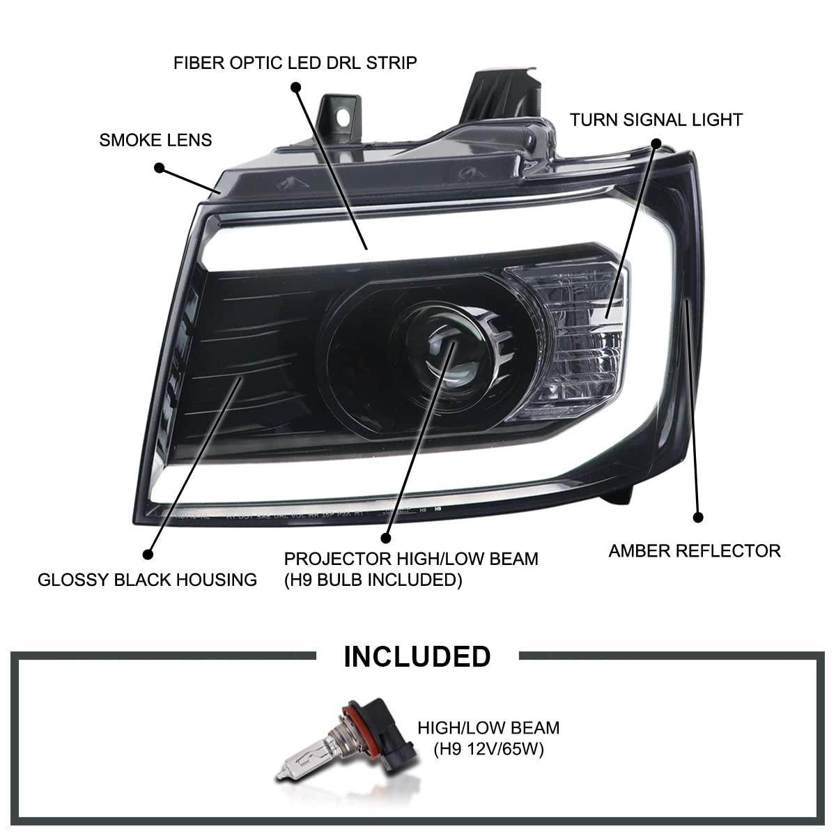 Glossy Black Smoke SPEC-D TUNING DRL LED Strip Projector Headlights Compatible with 2007-2013 Chevy Avalanche, Tahoe, Suburban 1500 2500, Left + Right Pair Headlamps Assembly