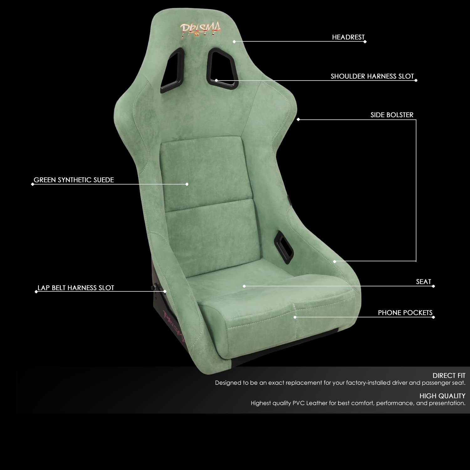 NRG Innovations Universal NRG-FRP-302OL-PRISMA Fixed Back Bucket Racing Seat for 5-Point Harnesses, Size L, Olive Alcantara Material, 24" W X 35" H X 18" D