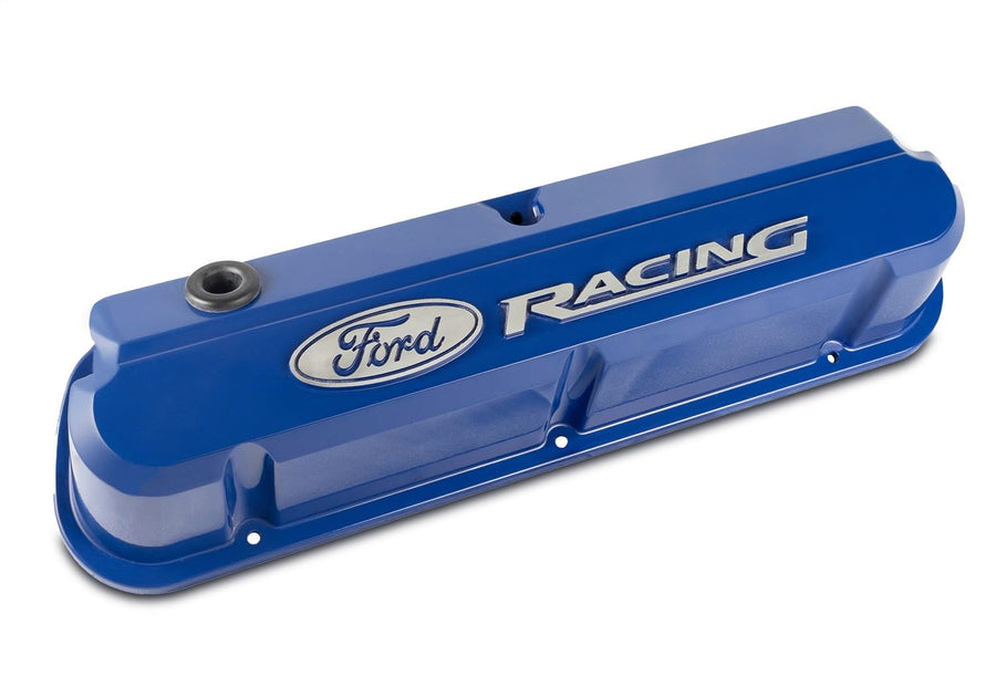 Ford Slant-Edge Valve Cover, Tall, Baffled, Breather Hole, Raised Ford Racing Logo, Aluminum, Blue Powder Coat