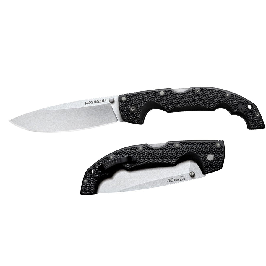 Cold Steel Drop Point Extra Large Voyager / 12 1/4" Overall / 5 1/2" Blade / 4MM Thick / 6 3/4" Long GRIV-EXHANDLE / AUS10A Steel/Ambi Belt Clip/Blister Packed,Black