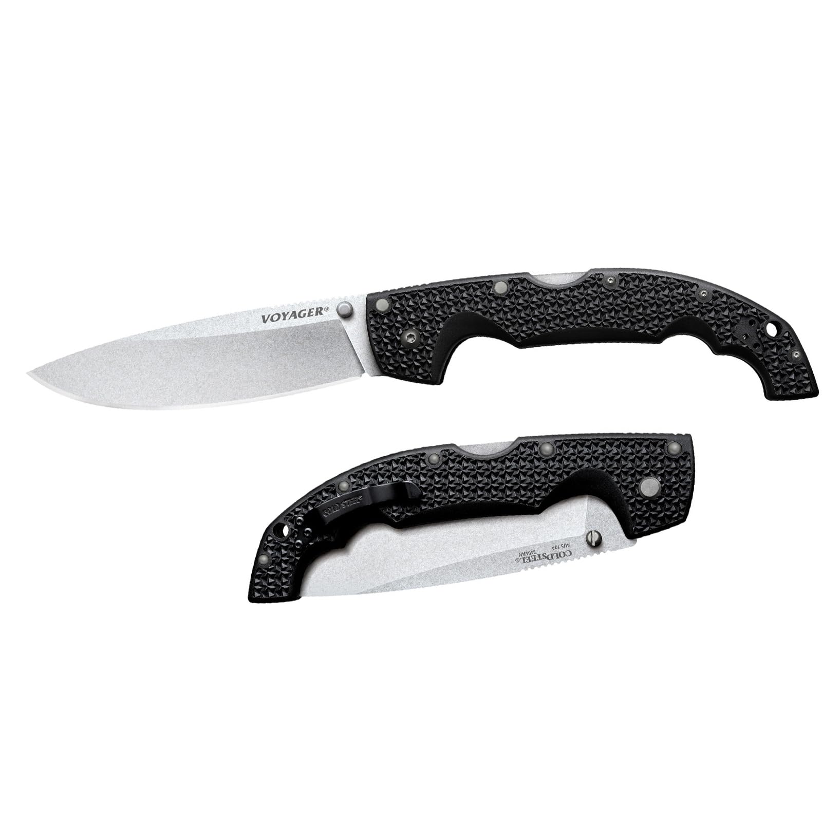 Cold Steel Drop Point Extra Large Voyager / 12 1/4" Overall / 5 1/2" Blade / 4MM Thick / 6 3/4" Long GRIV-EXHANDLE / AUS10A Steel/Ambi Belt Clip/Blister Packed,Black