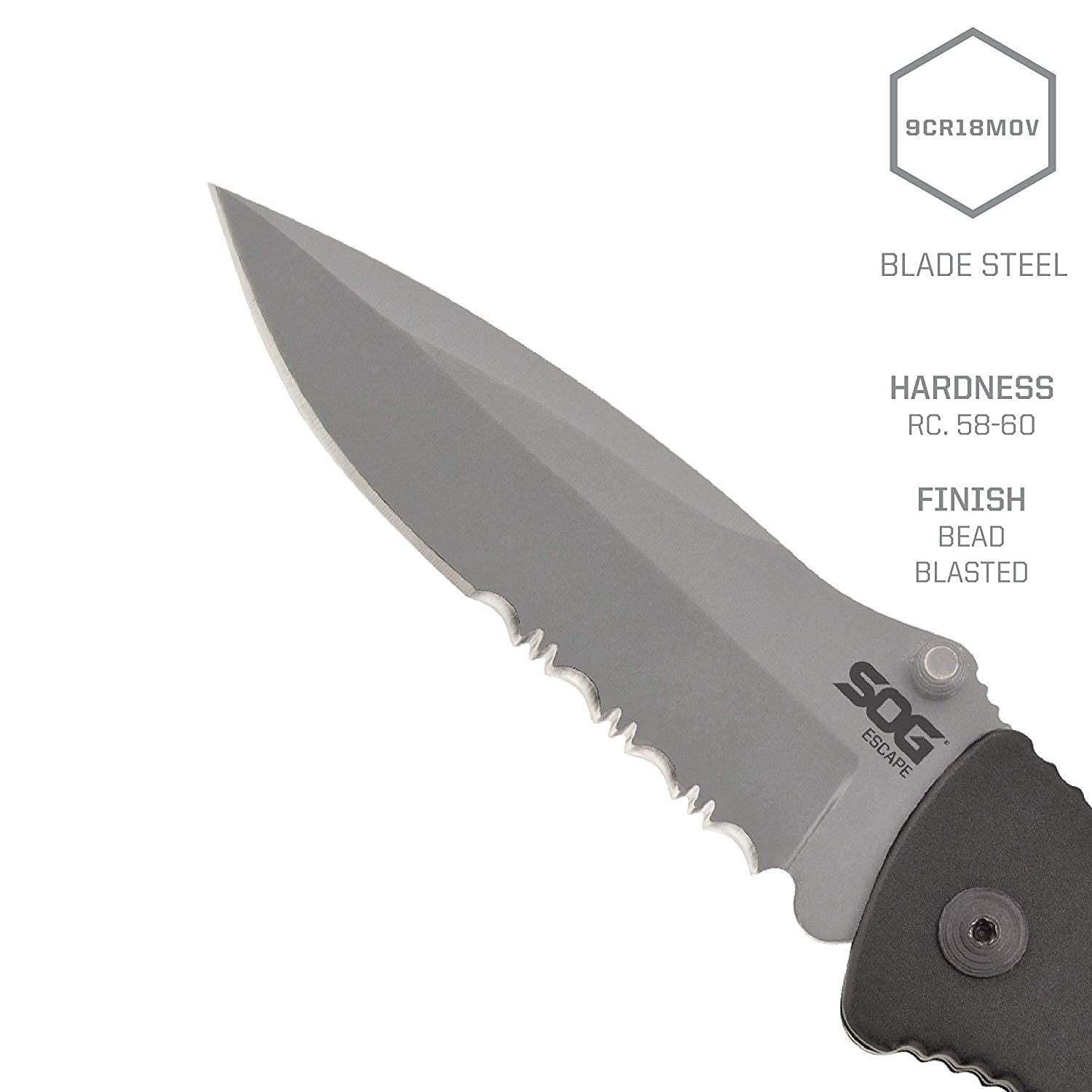 SOG Tactical Escape Folding Pocket Knife- 3.4 Inch Serrated Edge Blade Knife w/ Glass Breaker, Wire Stripper and Line Cutter Blades-Satin (FF25-CP),Black