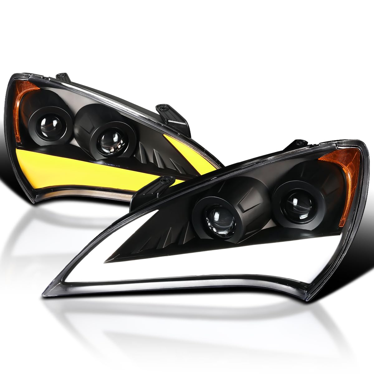 Black LED Light Bar Projector Headlights SPEC-D TUNING w/Sequential Turn Signal Compatible with 2010-2012 Hyundai Genesis Coupe, Left + Right Pair Headlamps Assembly