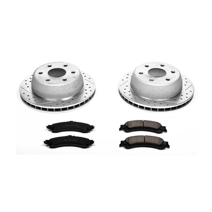 Power Stop K2046 Z23 Carbon Fiber Brake Pads Rear with Drilled and Slotted Brake Rotors Kit For Cadillac Escalade | Chevy Silverado Suburban Tahoe | GMC Sierra Yukon XL