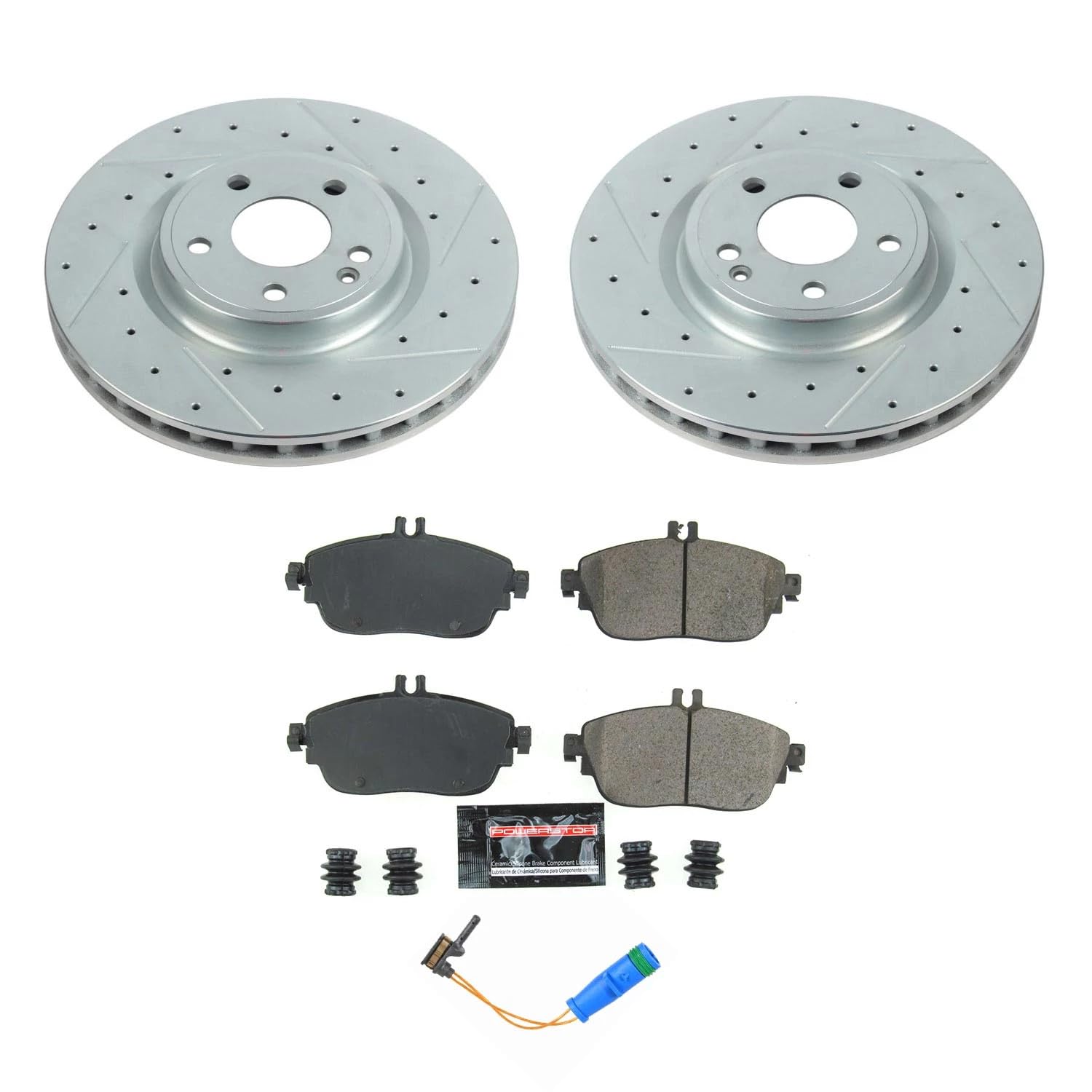 Power Stop Z23 K7674 Front Brake Kit-Drilled/Slotted Brake Rotors & Carbon Ceramic Brake Pads and 1 Front Sensor Wire For INFINITI QX30, Mercedes-Benz CLA250, Mercedes-Benz GLA250 [Model Specific]