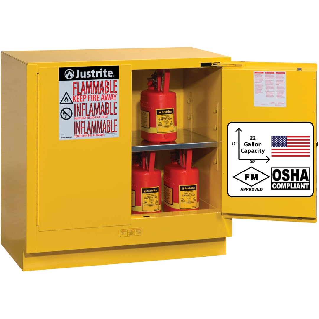 Justrite 22 Gallon Flammable Storage Cabinet Self Close Undercounter, 18 Gauge Steel, 1 Shelf, 2 Door Fire Cabinet, 35" x 35" x 22", Made in The USA, Yellow, 892320