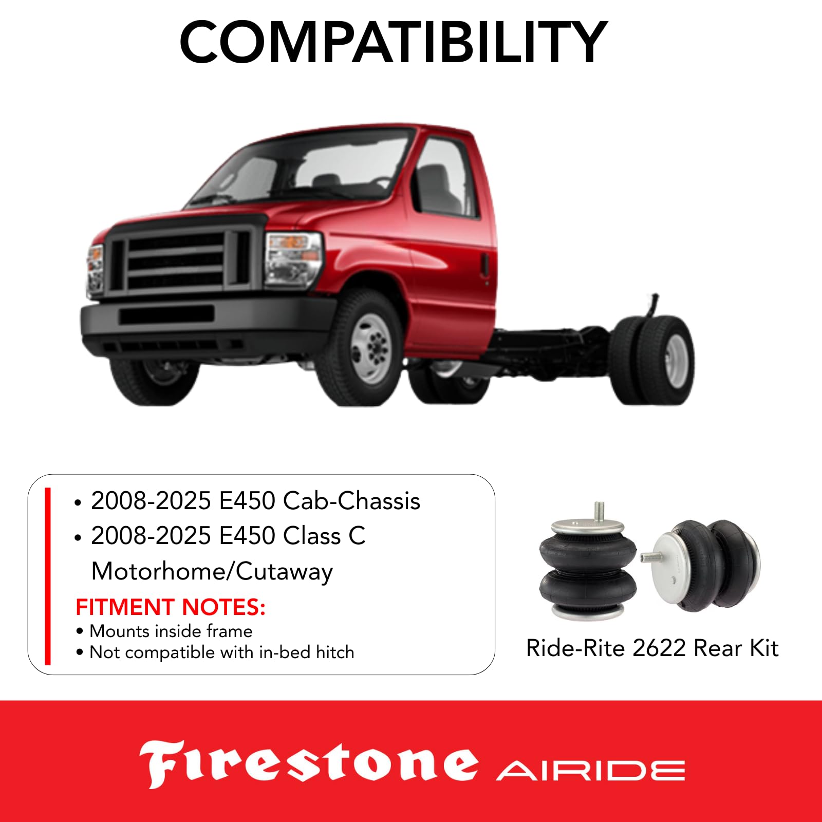 Firestone 2622 Airide Ride-Rite Rear Air Springs Kit fits 2008-2025 E450 Cab-Chassis and E450 Class C Motorhome/Cutaway | 5-100 PSI | Load Capacity of 5,000 Pounds