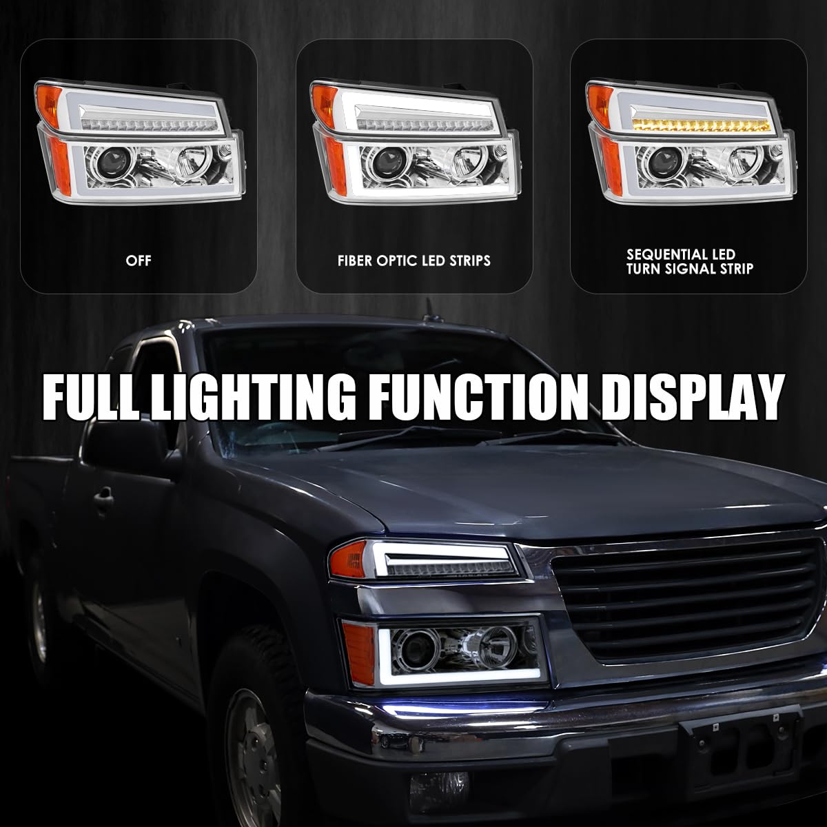 Chrome Projector Headlights SPEC-D TUNING with Sequential LED Turn Signal Light Compatible with 2004-2012 Chevy Colorado, Left + Right Pair Headlamps Assembly