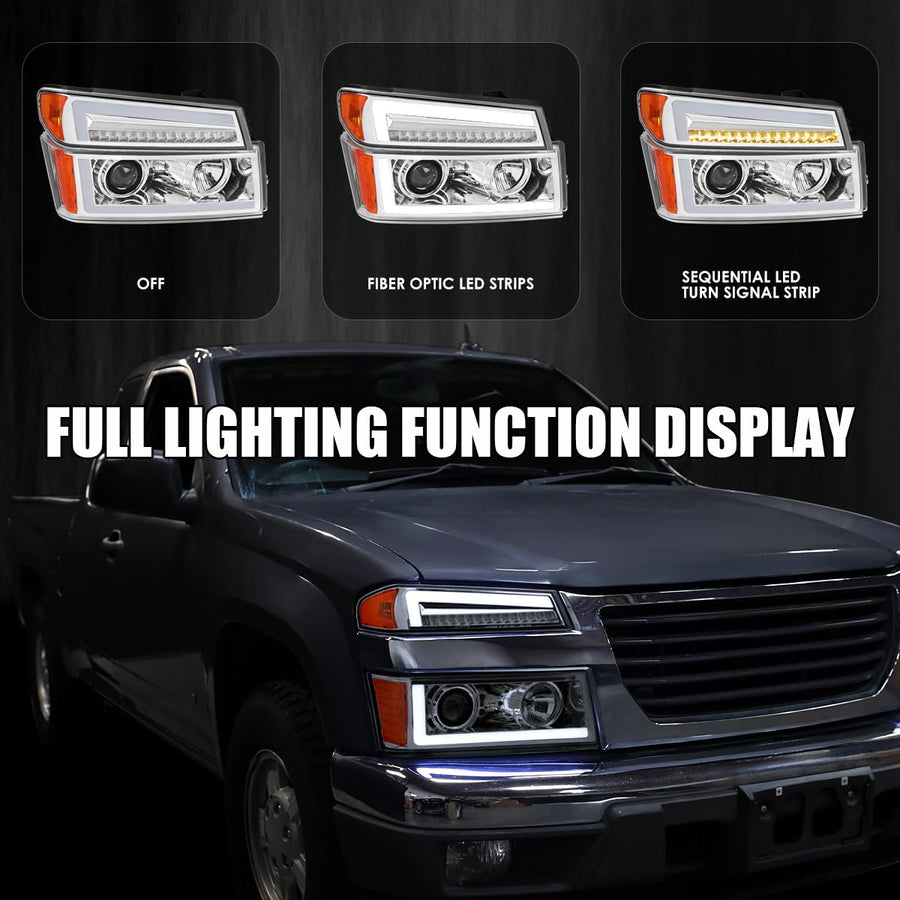 Chrome Projector Headlights SPEC-D TUNING with Sequential LED Turn Signal Light Compatible with 2004-2012 Chevy Colorado, Left + Right Pair Headlamps Assembly