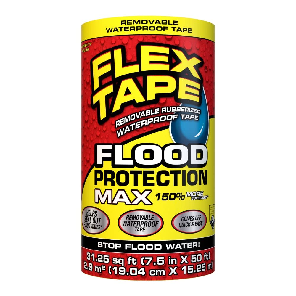 Flood Protection Flex Tape, 7.5 in x 50 ft, MAX, Waterproof Rubberized Tape, Removable, Use on Windows, Doors, Garage Doors, Casings, Thresholds, Conduits, Vents, Ducts
