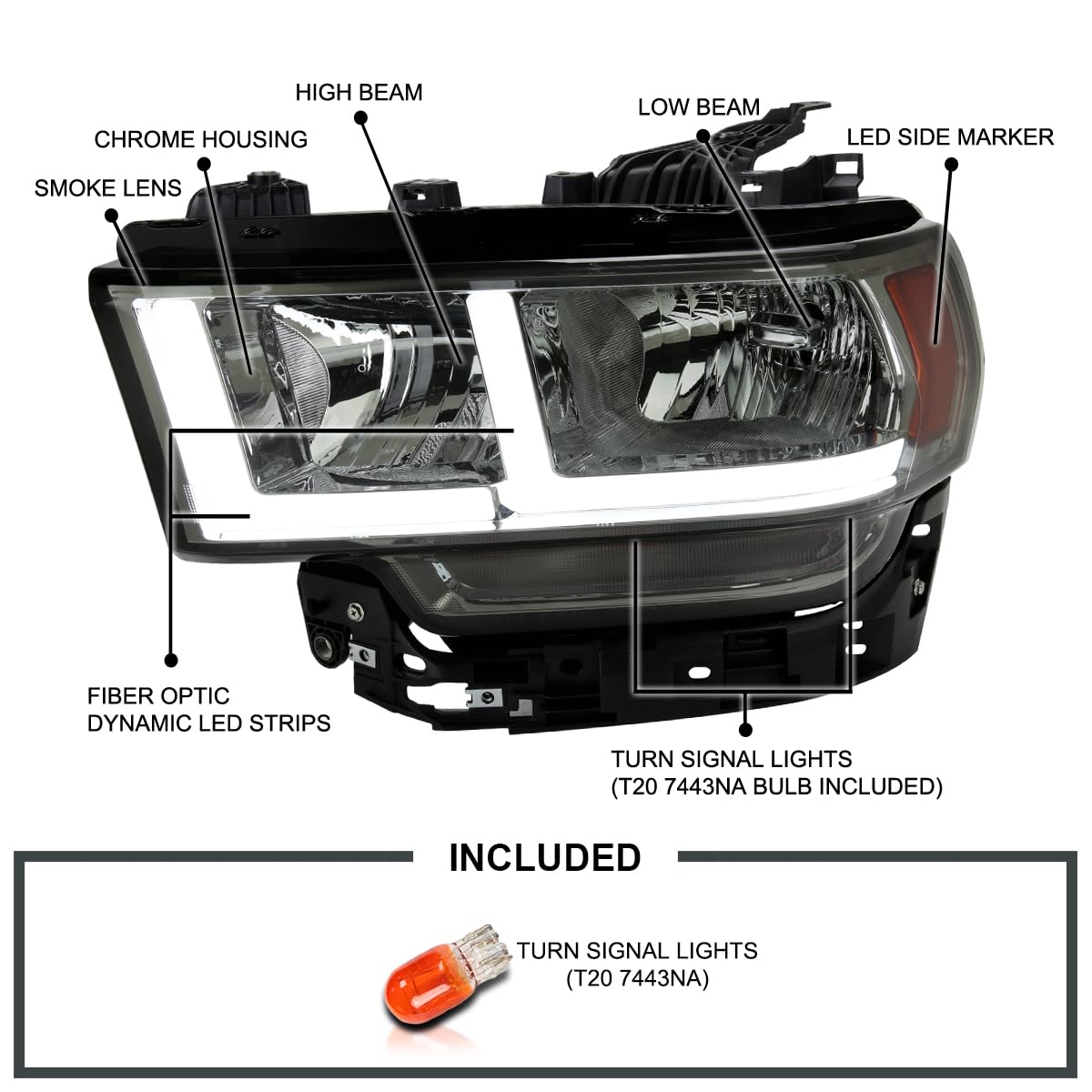 Smoke Headlights w/LED Tube SPEC-D TUNING Compatible with 2019-2024 Ram 2500/3500, Left + Right Pair Headlamp Assembly