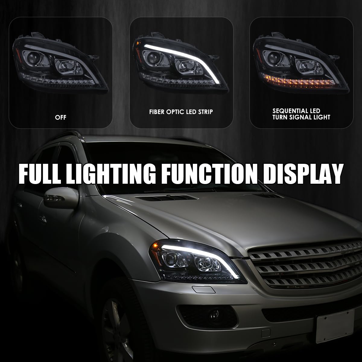 Smoke Projector Headlights SPEC-D TUNING w/LED Sequential Signal Compatible with 2006-2008 Mercedes Benz W164 ML350 ML500 ML-Class, Left + Right Pair Headlamps Assembly