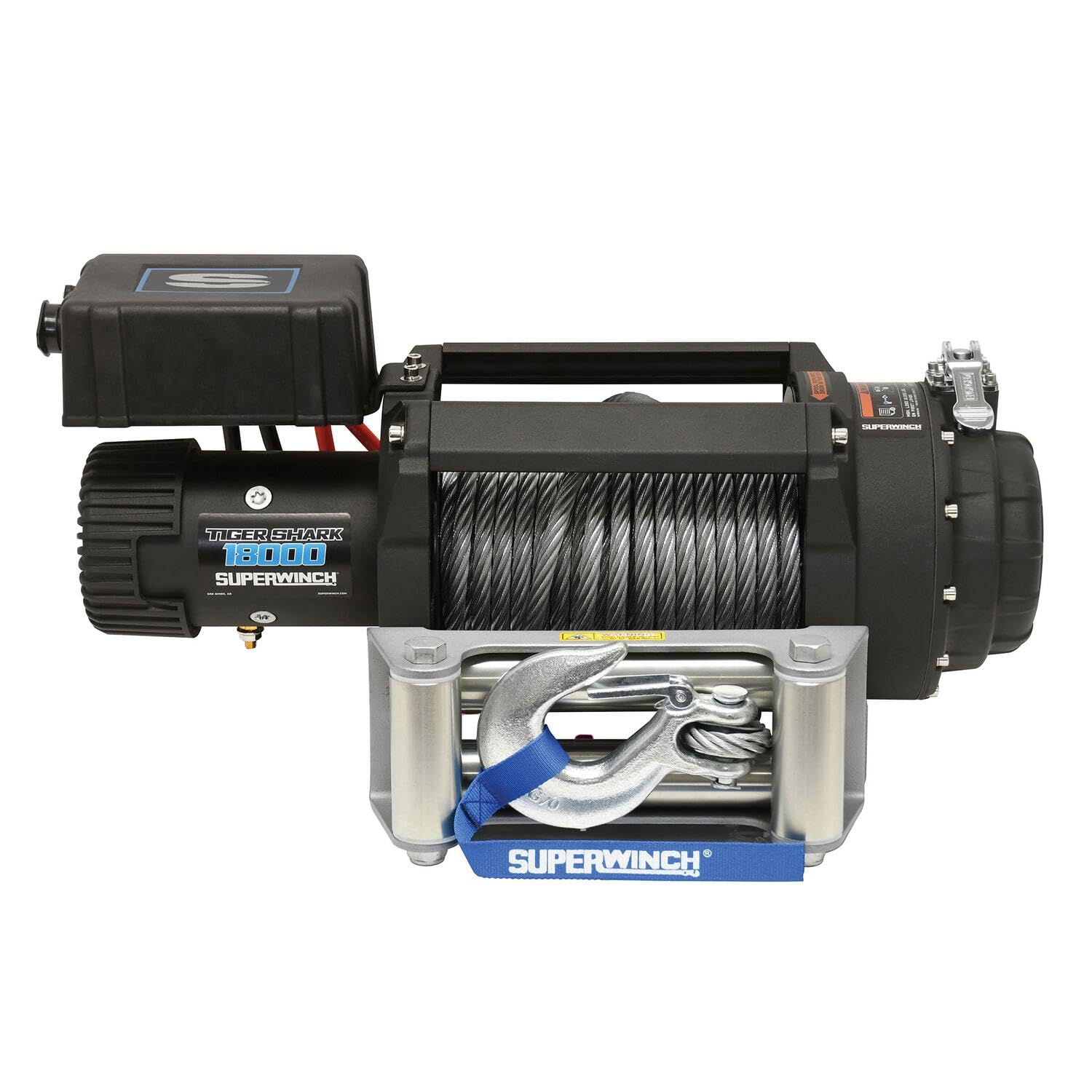 Tiger Shark Superwinch 1518000 18000 12V DC Winch 18,000lb/8165kg Single Line Pull with Roller Fairlead, 29/64" x 80' Steel Wire Rope, Corded Handheld Remote