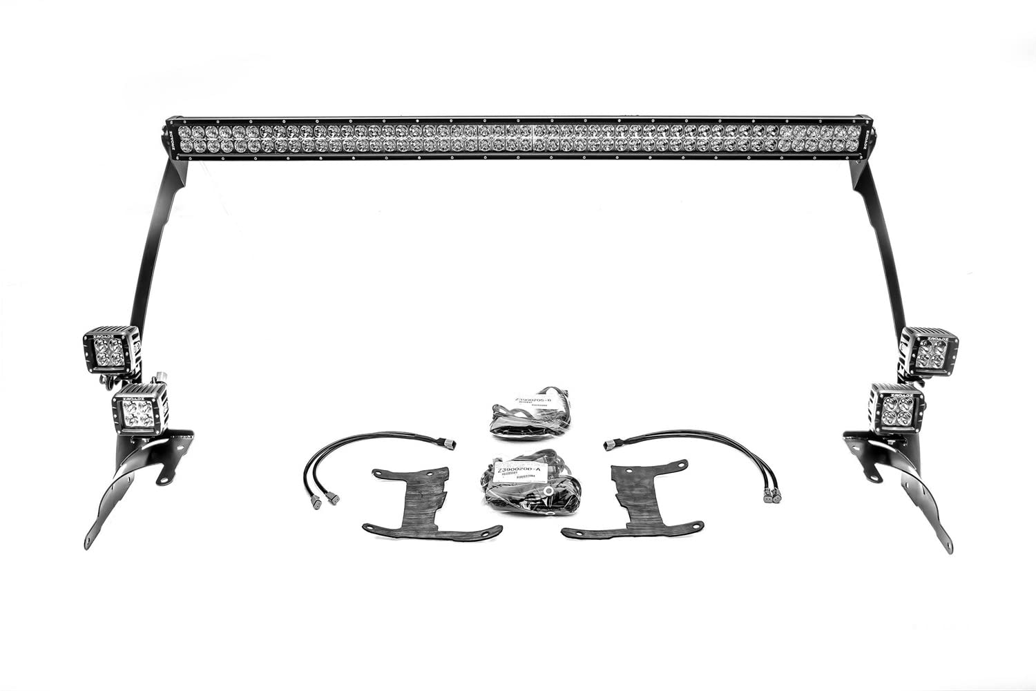Front Roof LED Kit Jeep JL, Gladiator with (1) 50 Inch LED Straight Double Row Light Bar and (4) 3 Inch LED Pod Lights - PN #Z374831-KIT4