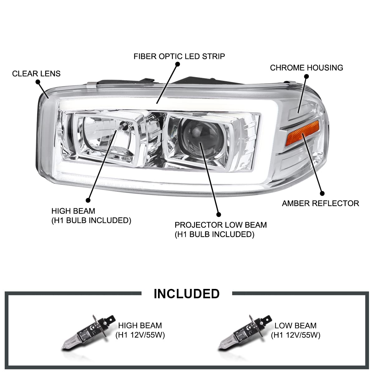LED Light Tube Projector Headlight SPEC-D TUNING Compatible with 1999-2006 GMC Sierra Yukon XL 1500/2500/3500, Left + Right Pair Headlamps Assembly