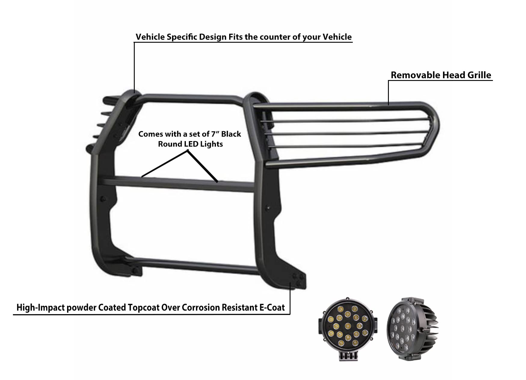 Grille Brush Black Horse Bumper Guard Modular Black Come with Pair of 7.0" Dia.LED Lights with Black Trim Rings Compatible with 2006-2014 Honda Ridgeline-17A152500A1MA-PLB