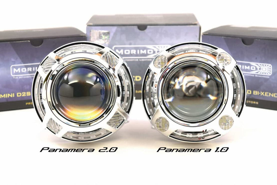 Morimoto Switchback LED Projector Shroud, Universal Chrome Shroud with Integrated “Porsche Style” LEDs, Amber / White Daytime Running Lights for Custom Retrofits. (1x S263)